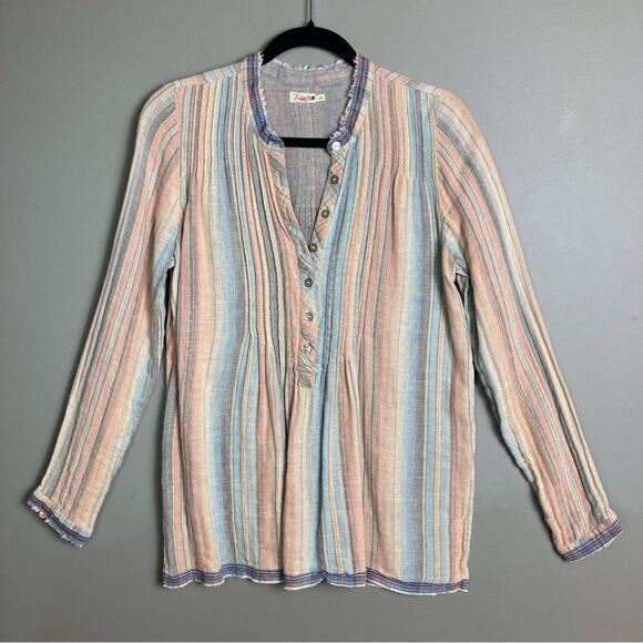 Faherty top small button up peasant madras pastel linen rainbow beachy Baja - Picture 6 of 10